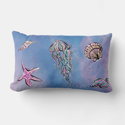  Star Fish Sea Shells Abstract Beach Watercolor Lumbar Pillow