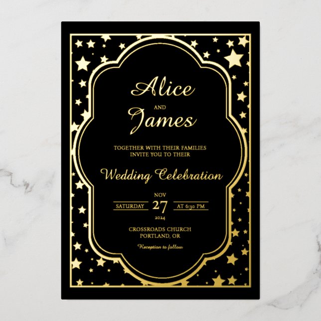 Star Frame Modern Elegant Black Gold Foil Wedding Invitation (Front)