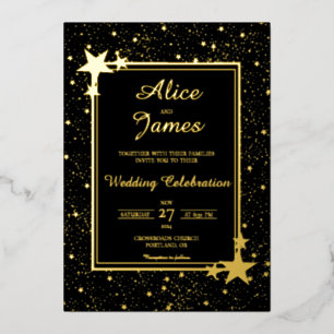 Star Galaxy Frame Elegant Black Gold Foil Wedding Invitation