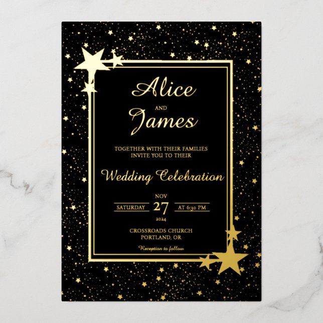 Star Galaxy Frame Elegant Black Gold Foil Wedding Invitation (Front)