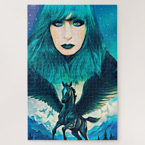 Star Goddess and Black Pegasus Fantasy Abstract Jigsaw Puzzle