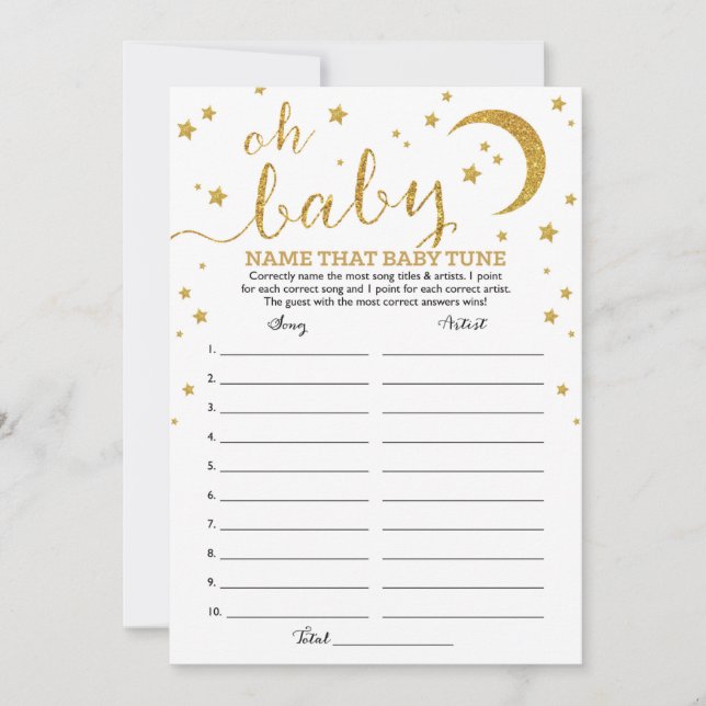 Star Gold Glitter Name That Baby Tune Game Invitation (Front)