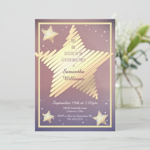 Star Gold Pink Purple Sweet Sixteen Birthday Invitation