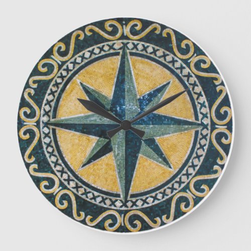 Star Green Compass Round Medallion Mosaic Large Clock