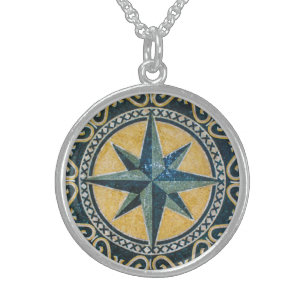 Star Green Compass Round Medallion Mosaic Sterling Silver Necklace