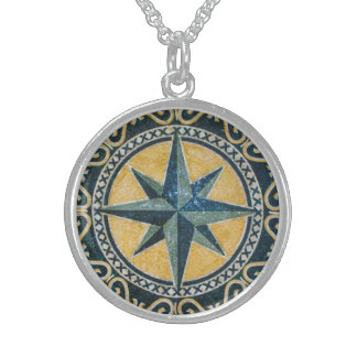 Star Green Compass Round Medallion Mosaic Sterling Silver Necklace