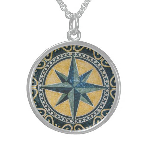 Star Green Compass Round Medallion Mosaic Sterling Silver Necklace