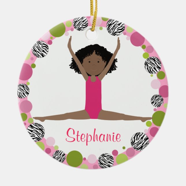 Star Gymnast Black Hair in Pinks Personalized Ceramic Ornament (Front)