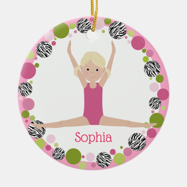 Star Gymnast Blonde Pony Tails in Pinks Ceramic Ornament (Front)