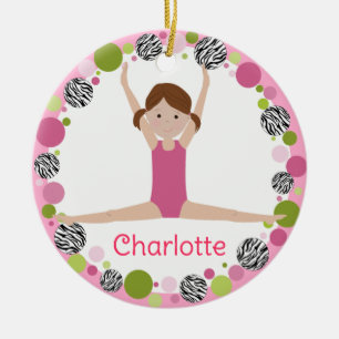 Star Gymnast Brown Pony Tails in Pinks Ceramic Ornament