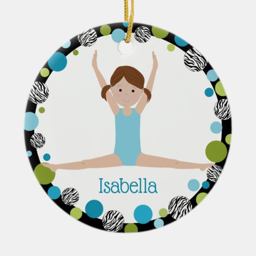 Star Gymnast Brown Ponytails In Aqua and Green Ceramic Ornament