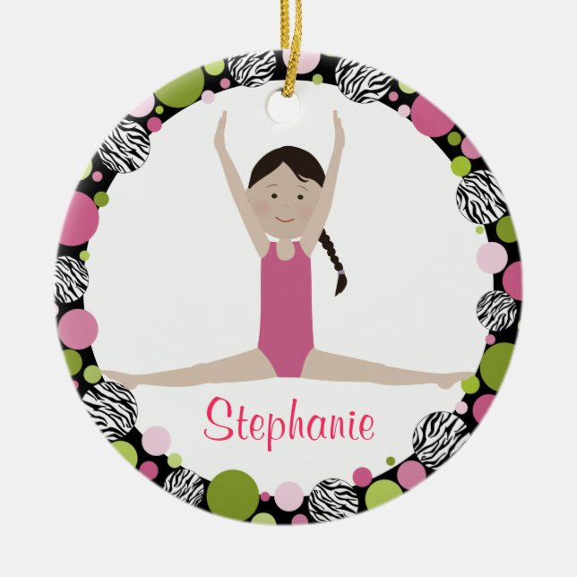 Star Gymnast Dark Brown Hair Pinks Ceramic Ornament (Front)
