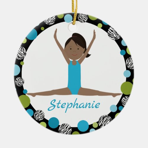 Star Gymnast Dark Hair Ponytail in Aqua and Green Ceramic Ornament