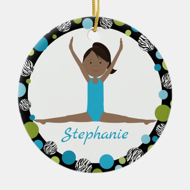Star Gymnast Dark Hair Ponytail in Aqua and Green Ceramic Ornament (Front)