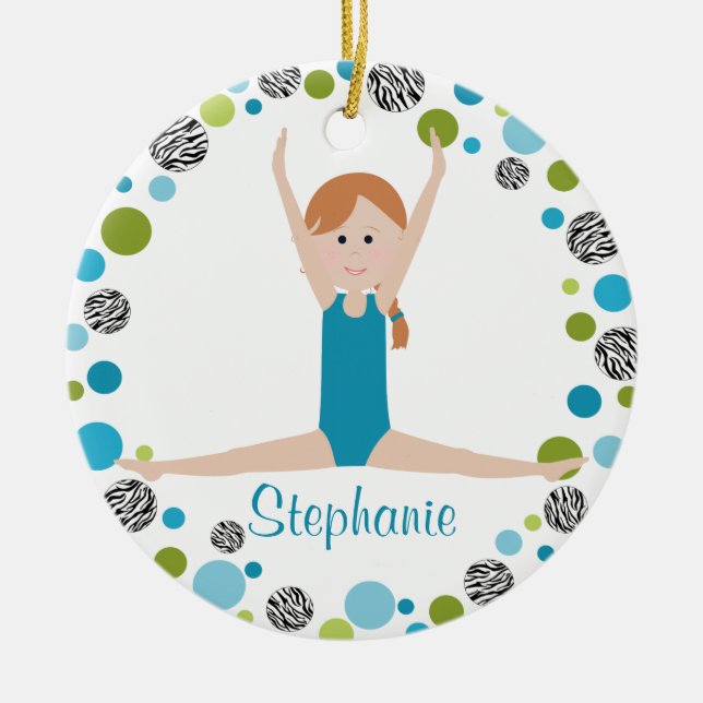 Star Gymnast in Aqua and Green Personalized Ceramic Ornament (Front)
