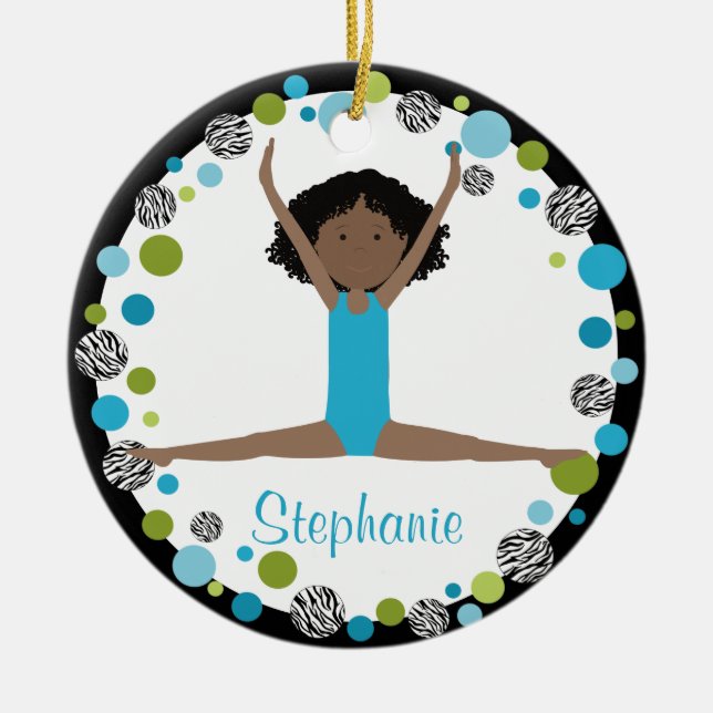 Star Gymnast in Aqua and Green Personalized Ceramic Ornament (Front)