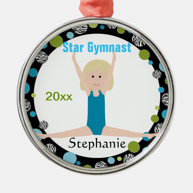 Star Gymnast Keepsake Aqua and Green Metal Ornament (Front)