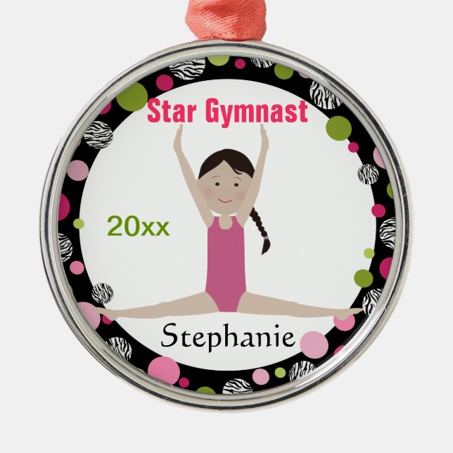 Star Gymnast Keepsake Pink and Green Metal Ornament (Front)