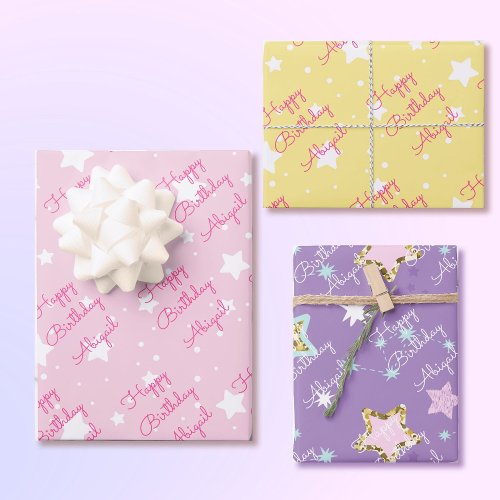 Star Happy Birthday with Girls Name Pink Yellow 3 Wrapping Paper Sheets