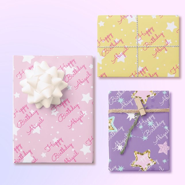 Star Happy Birthday with Girls Name Pink Yellow 3 Wrapping Paper Sheets (Creator Uploaded)