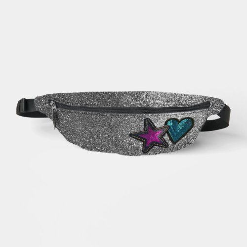 Star Heart Patches Black and White Glitter Luxury Fanny Pack