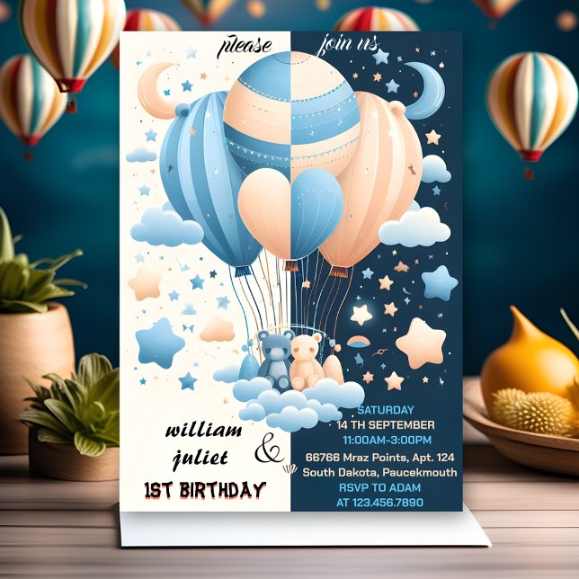 star joint bear Hot Air Balloon Twins 1st Birthday Invitation (Creator Uploaded)