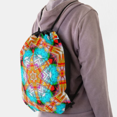 Star kaleidoscope in orange and cyan scratched  th drawstring bag