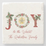 Star Light Joy to the World Christmas Wreath Holly Stone Coaster