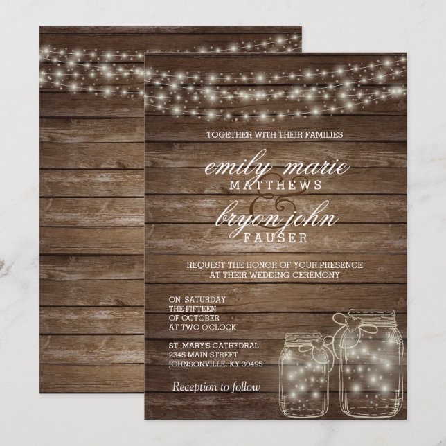 Star Light Mason Jar on Rustic Wood Wedding Invitation (Front/Back)