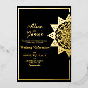 Star Mandala Frame Elegant Black Gold Foil Wedding Invitation