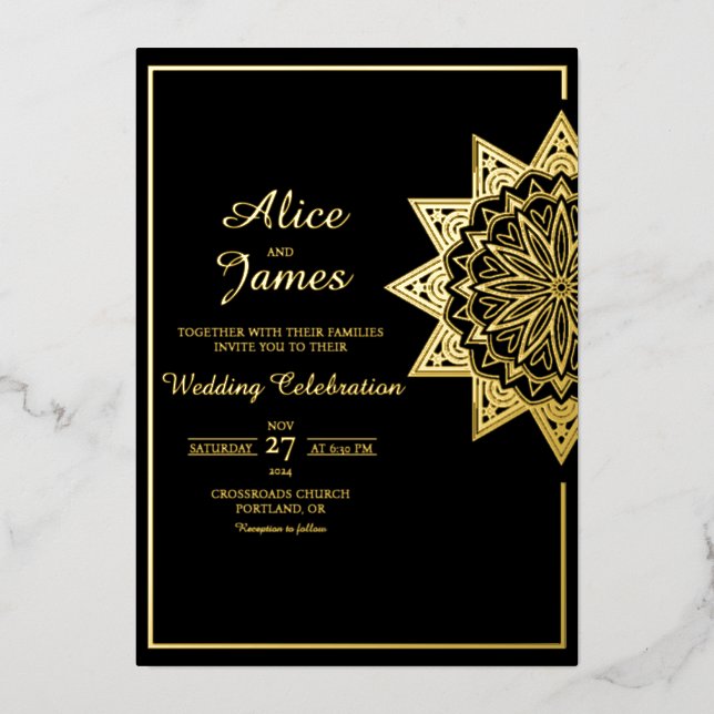 Star Mandala Frame Elegant Black Gold Foil Wedding Invitation (Front)