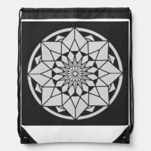 Star Mandala knitting black & white Drawstring Bag