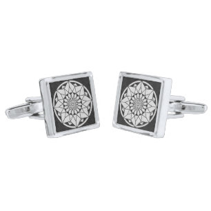 Star Mandala knitting black & white Silver Cufflinks