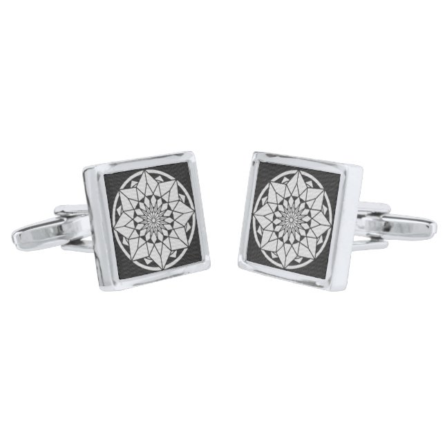 Star Mandala knitting black & white Silver Cufflinks (Angled)