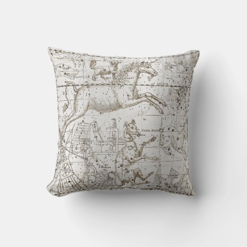 Star Map Unicorn Dog Canis Silver Gray Drawing Throw Pillow