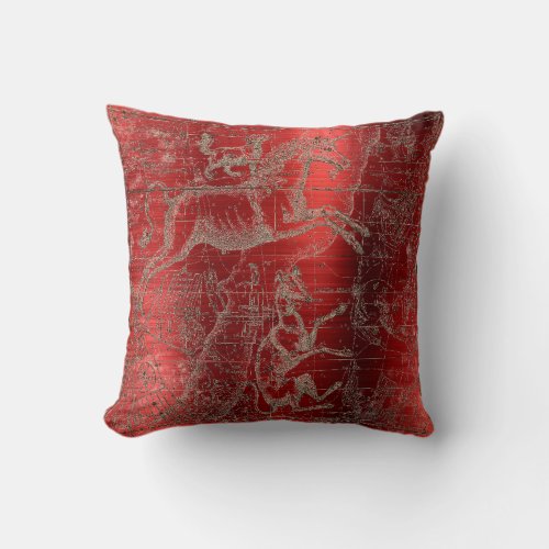 Star Map Unicorn Dog Canis Steel Red Drawing Throw Pillow