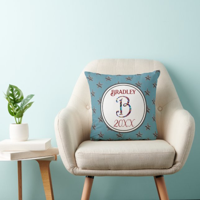 Star Monogram Initial Blue Nautical Decor Keepsake Throw Pillow (Chair)