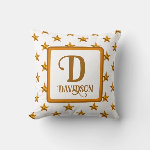 Star Monogram Initial Orange Gold Celestial Decor Throw Pillow
