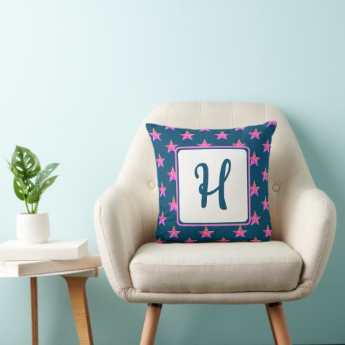 Star Monogram Initial Pink Blue Colorful Throw Pillow
