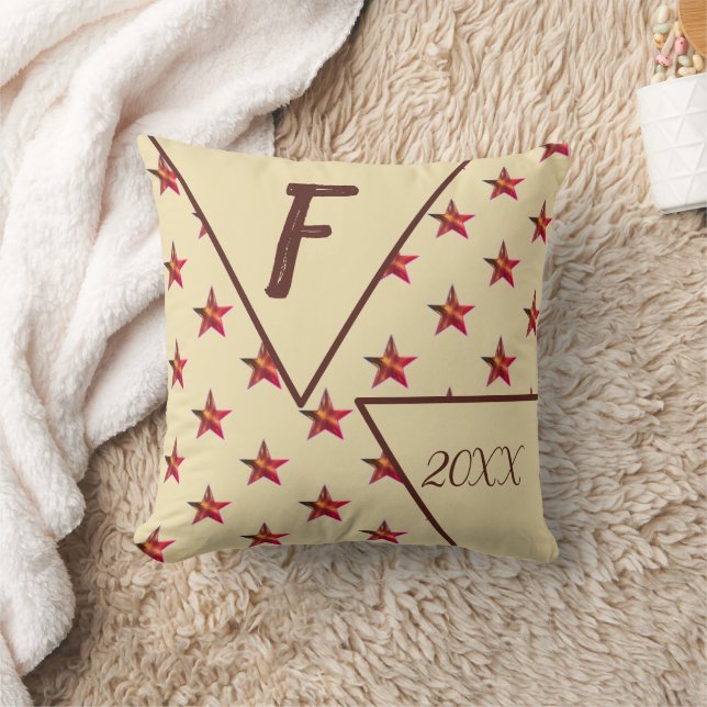 Star Monogram Initial Red Tan Keepsake Home Decor Throw Pillow (Blanket)