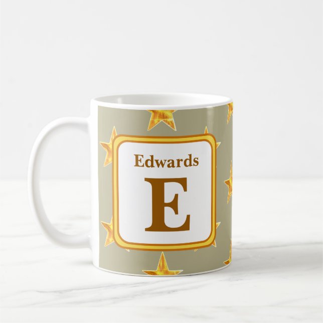 Star Monogram Yellow Gold Family Name Initial Coffee Mug (Left)