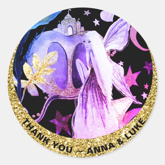 *~* Star Moon Fairy Tales Gold Glitter Castle Classic Round Sticker (Front)