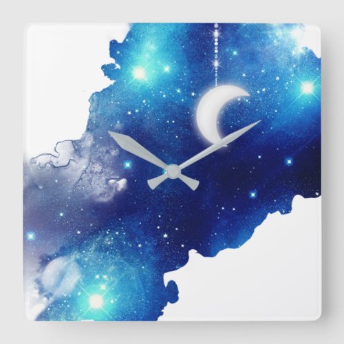 Star moon night sky celestial galaxy blue white square wall clock