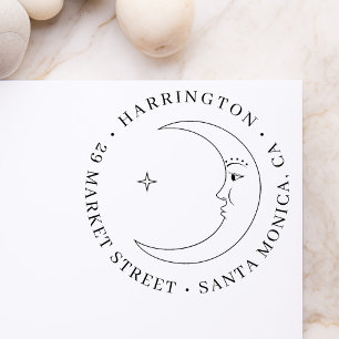 Star & Moon Round Family Name Return Address Rubber Stamp
