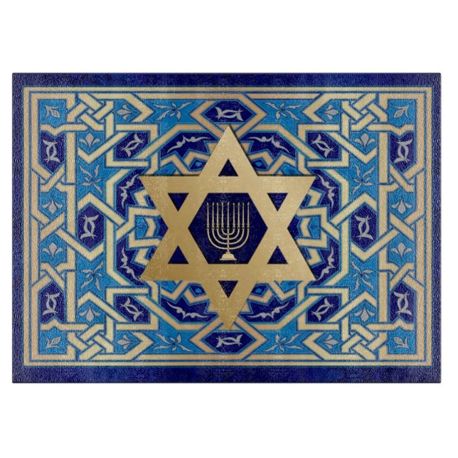 Star of David and Menorah Glass Cutting Board (Front)
