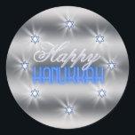 Star of David Array Silver SDAX Classic Round Sticker<br><div class="desc">This beautiful sticker design features eight sparkling Stars of David in an array around the text 'Happy Hanukkah'. Background is a silver gradient circled by white shining stars.</div>