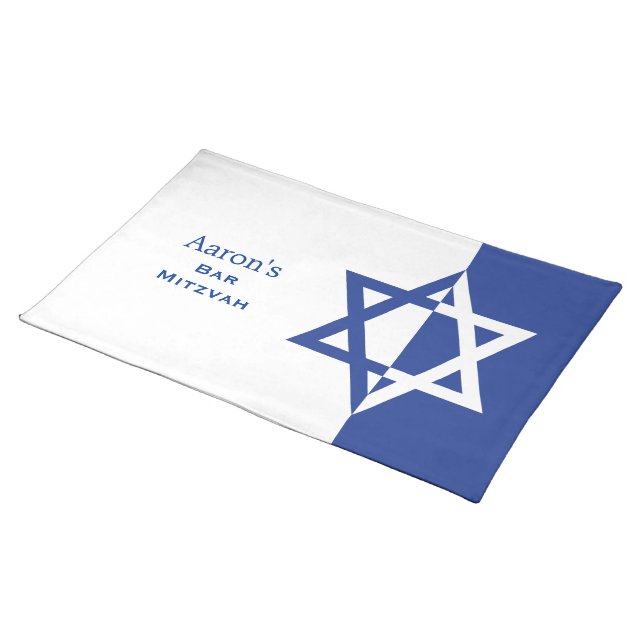 Star of David Bar Mitzvah blue and white custom Cloth Placemat (On Table)