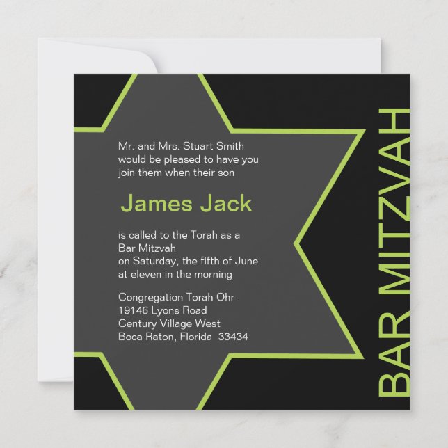 Star of David Bar Mitzvah Bright Green & Grey Invitation (Front)
