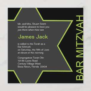 Star of David Bar Mitzvah Bright Green & Grey Invitation
