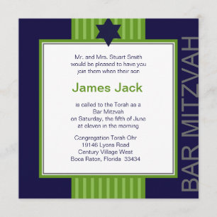 Star of David Bar Mitzvah - green & blue ribbon Invitation